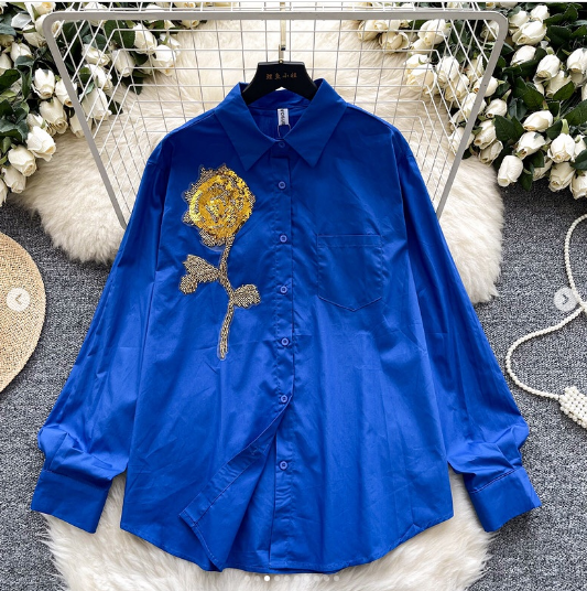 Women's European Chic Streetwear Shirt Sequins 3D Floral